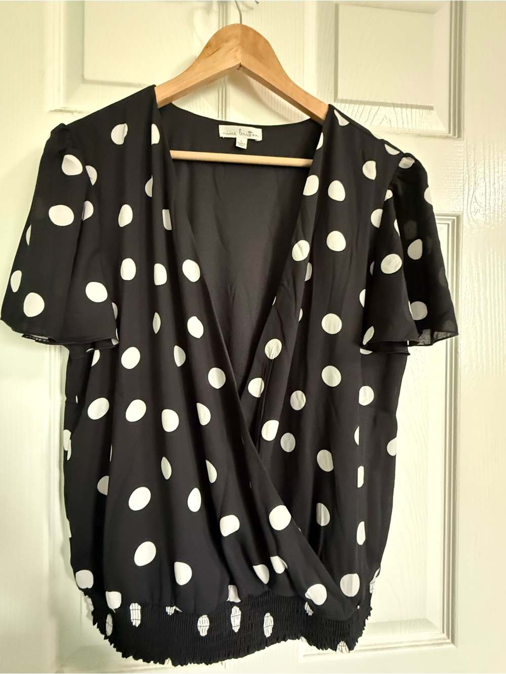 nine britton Black & White Polka Dot Wrap Blouse